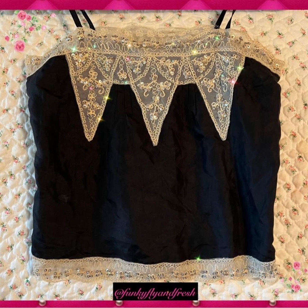 Vintage GUESS late 80’s NWT Sz S black satin cami with lace & sequin appliqué.